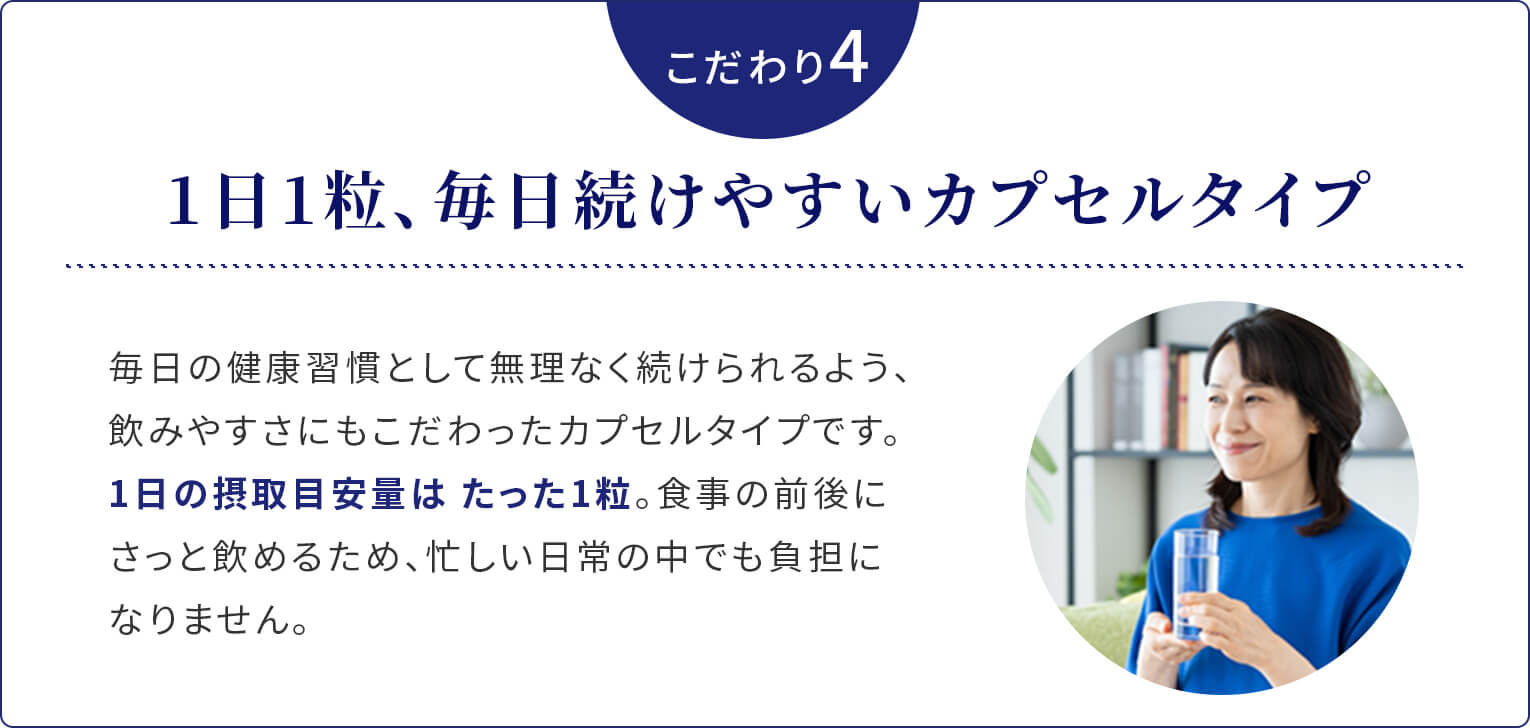 こだわり4。1日1粒、毎日続けやすいカプセルタイプ
